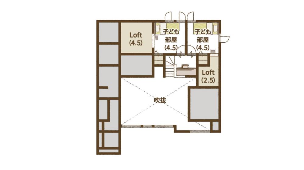 【1.5階間取り図】 1.5階は吹き抜けになっているので、上から1階全体を見渡せてとても開放的です。家族のコミュニケーションがとりやすい間取り設計となっています。